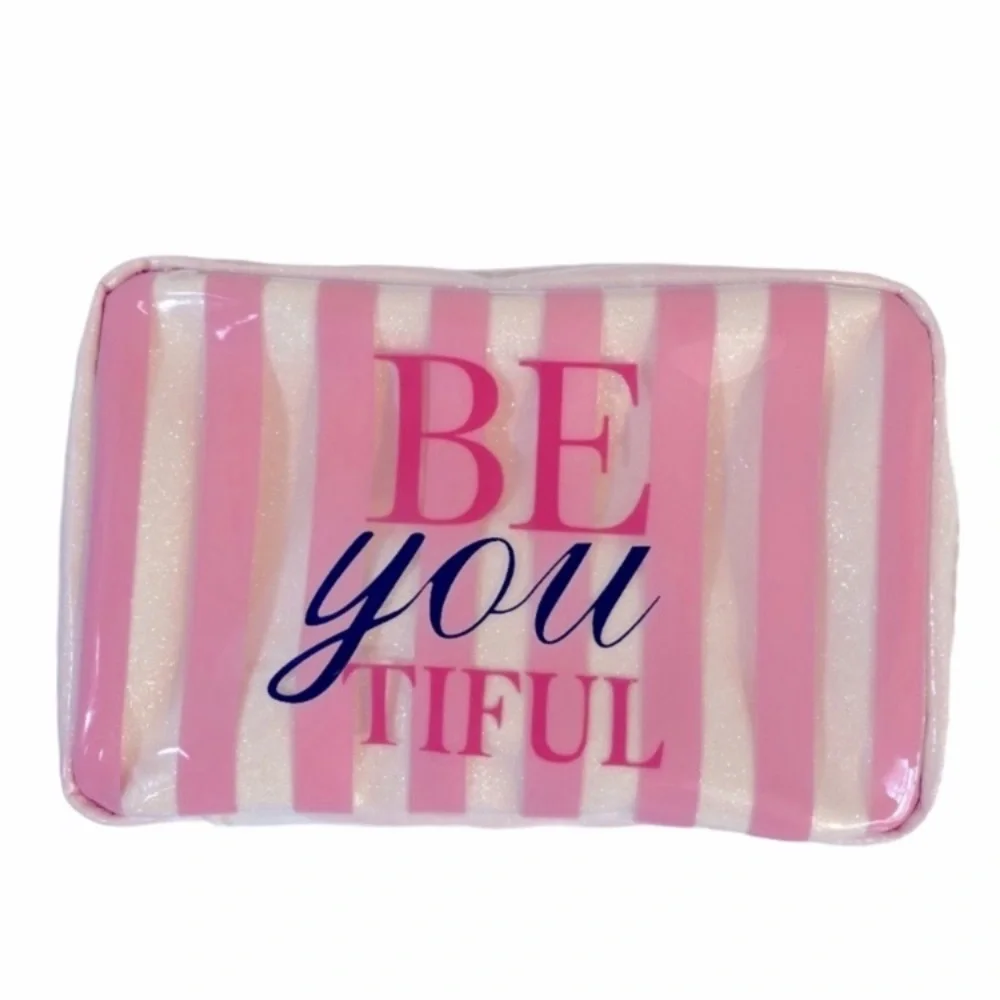 Victoria's Secret Cosmetic Bag Pouchette Delicate Stripes Pastel Pink White